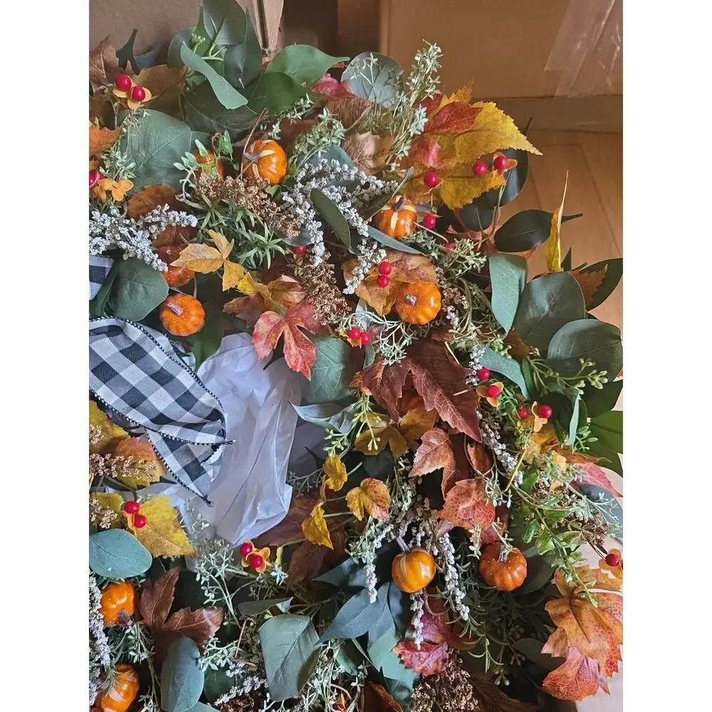 Handmade Autumn Fall Farmhouse Pumpkin Wreath Leaves Buffalo Plaid 26